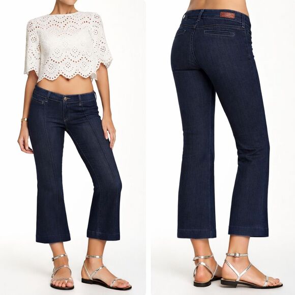 Denim - AG Adriano Goldschmied The Mia Cropped Pin Tuck Flare Jeans Navy Made USA 26